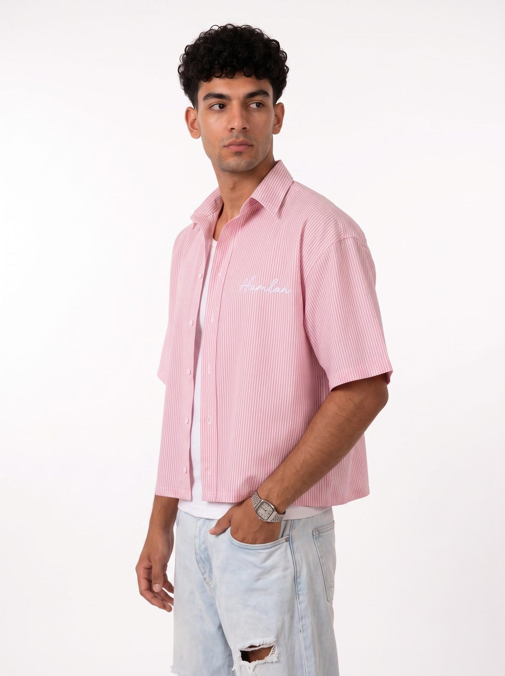 Himland Oversized Striped Shirt Pink – angled front view