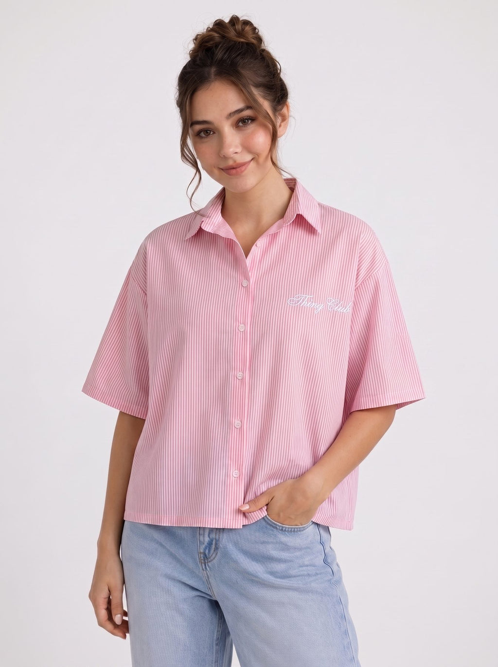 Himland Oversized Striped Shirt Pink – front detail